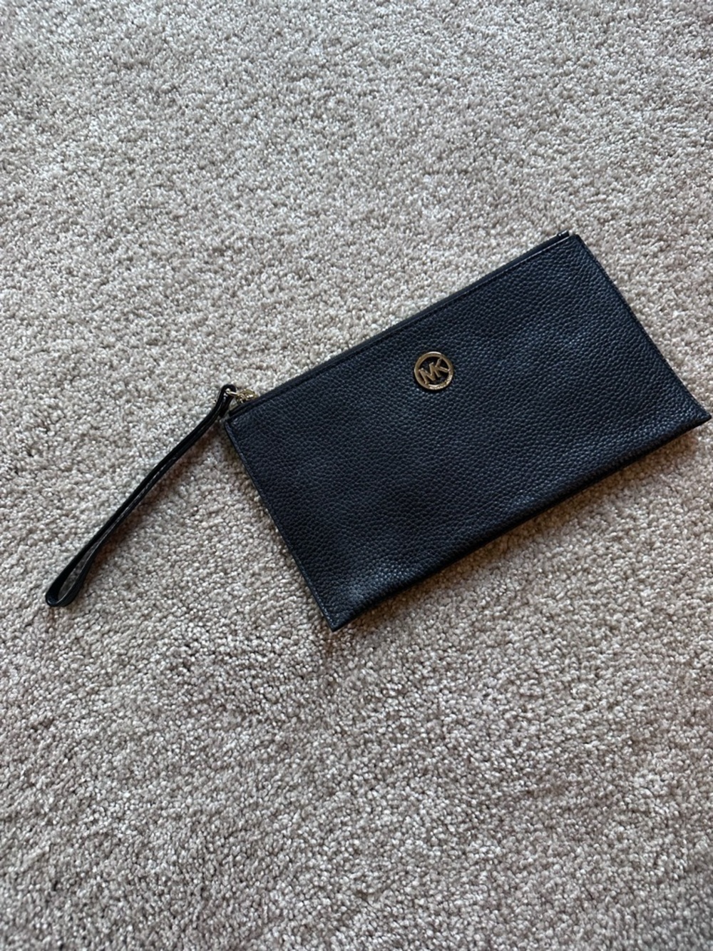 Michael Kors Black Pebbled Leather Wristlet with Gold Logo